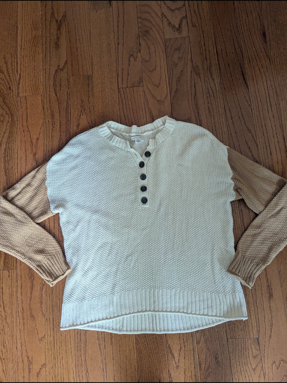 American Eagle Outfitters Cream and Tan Button Henley Sweater